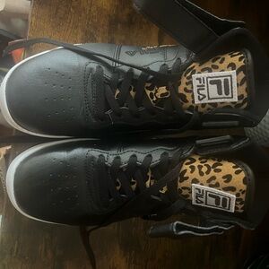 Fila black leather and leopard sneakers